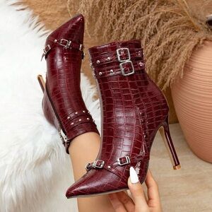 Red High-Heeled Boots with Stiletto and Buckle Straps